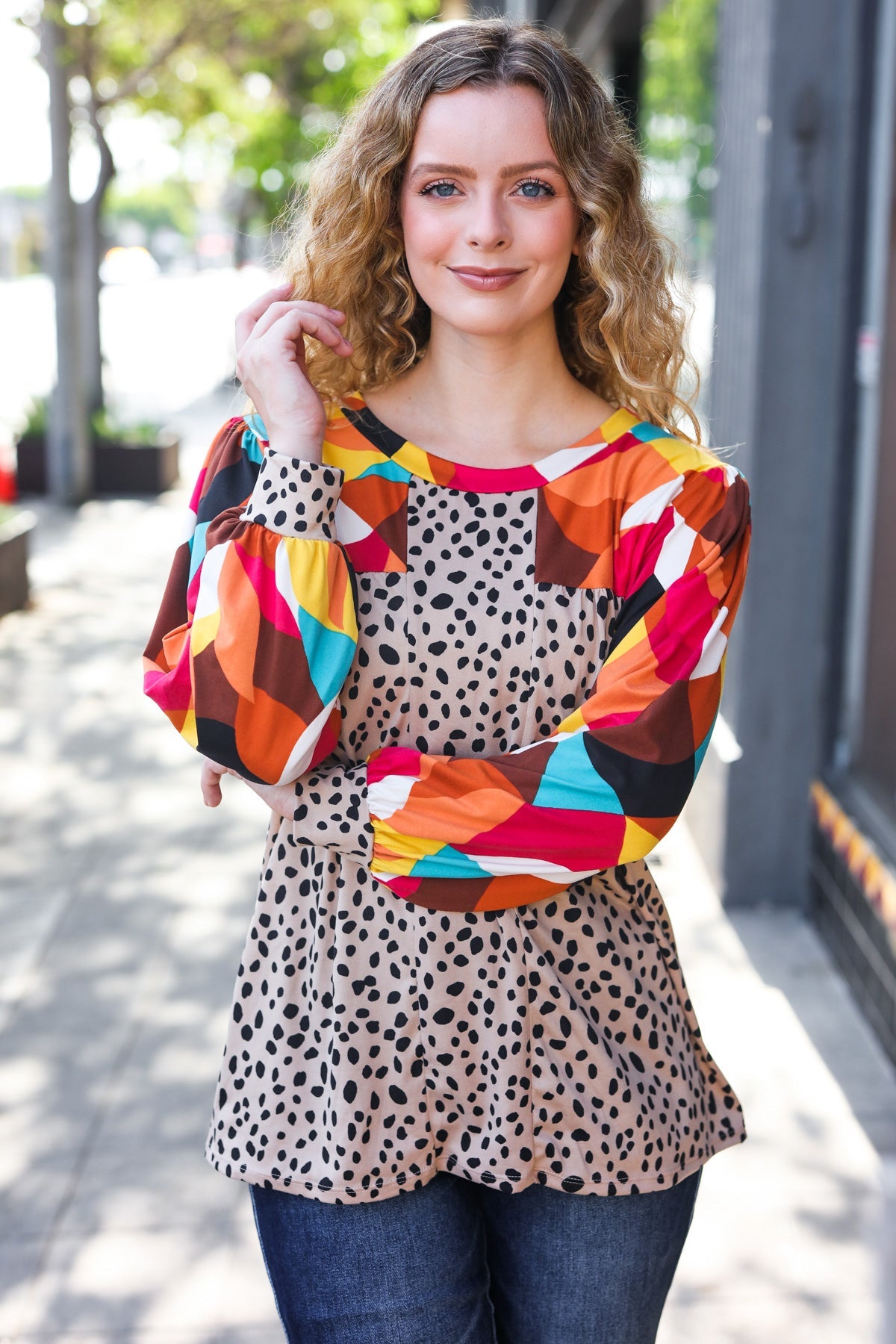 Rust & Khaki Geometric Animal Print Color Block Bubble Sleeve Top