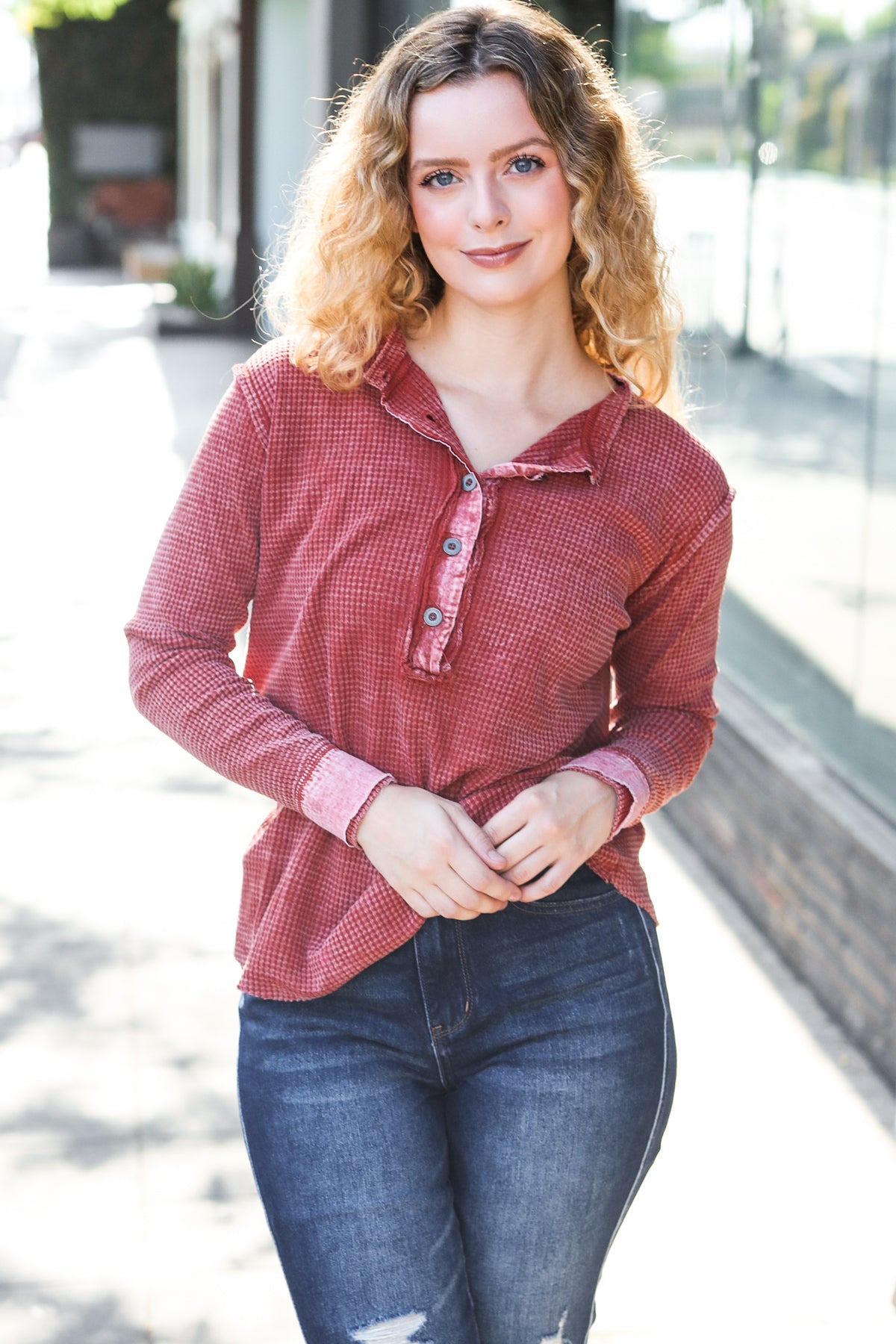 Rust Washed Baby Waffle Henley Top