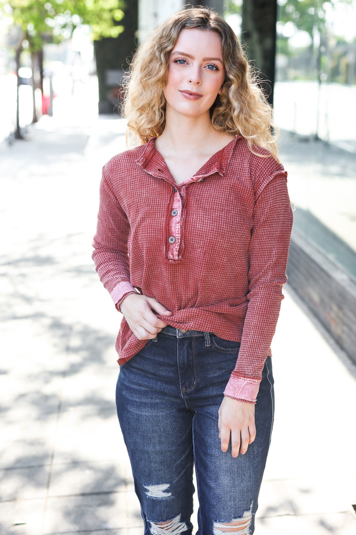 Rust Washed Baby Waffle Henley Top