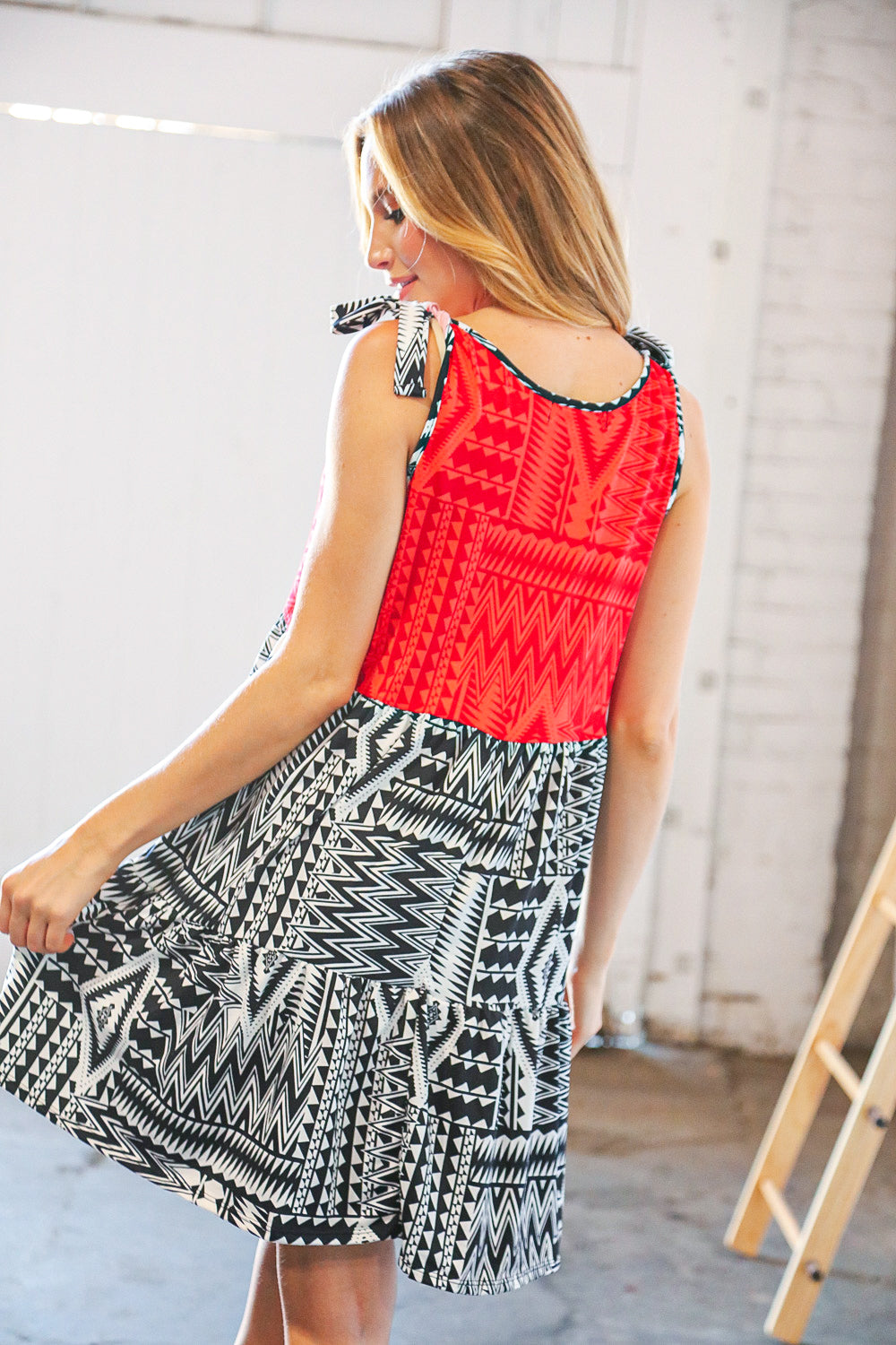 Red/Black Aztec Shoulder Tie Knot Tiered Dress