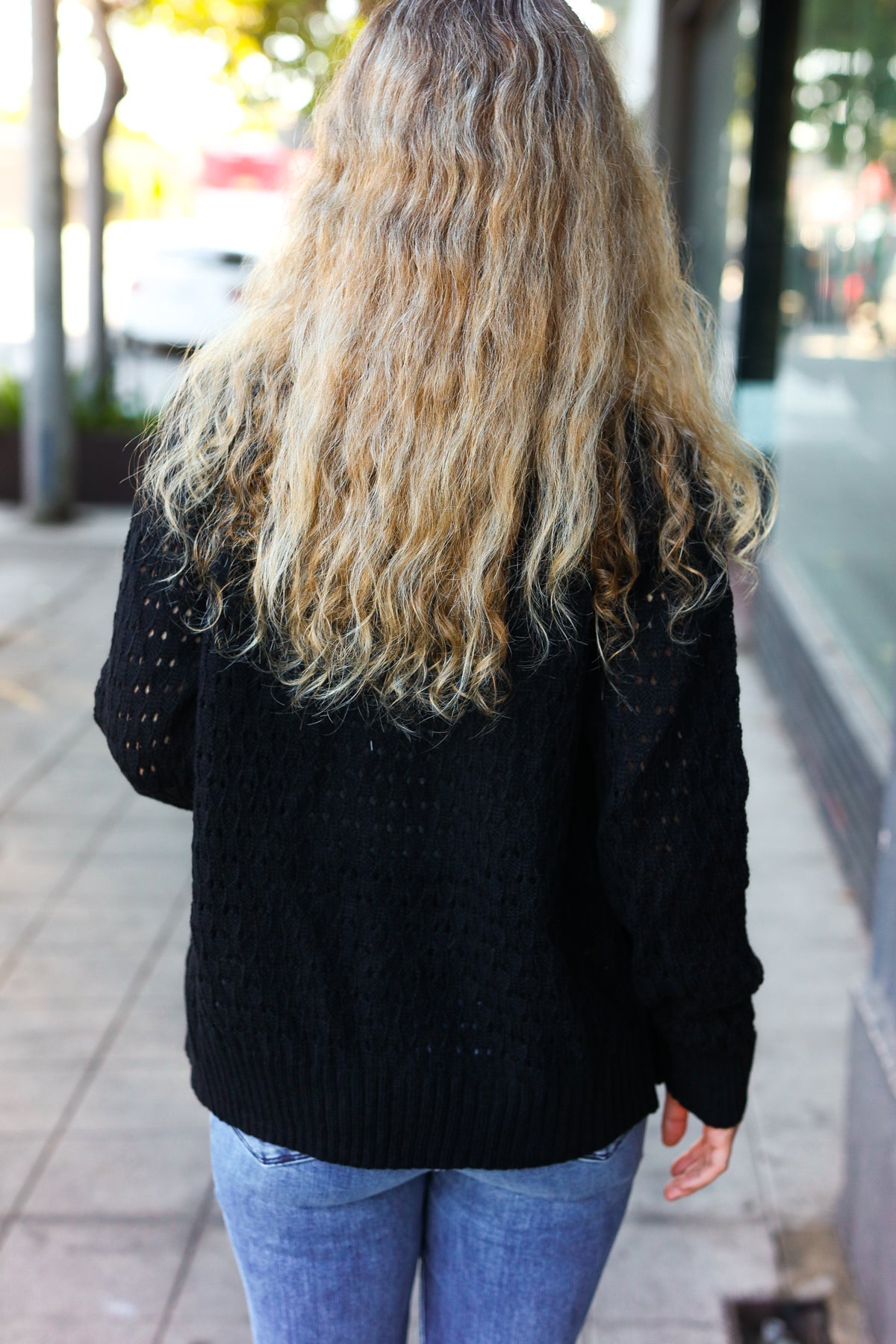 Follow Me Black Pointelle Knit Button Down Cardigan