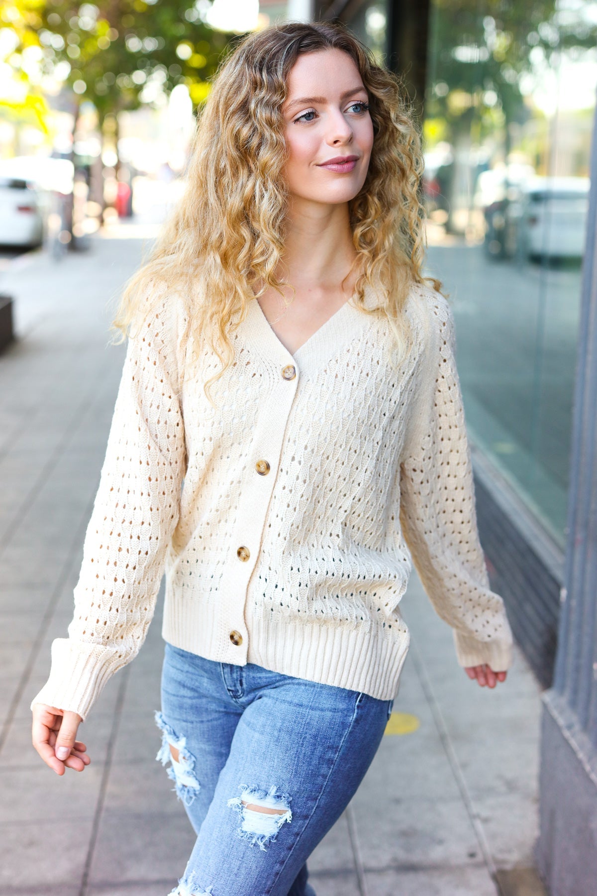 Follow Me Oatmeal Pointelle Knit Button Down Cardigan