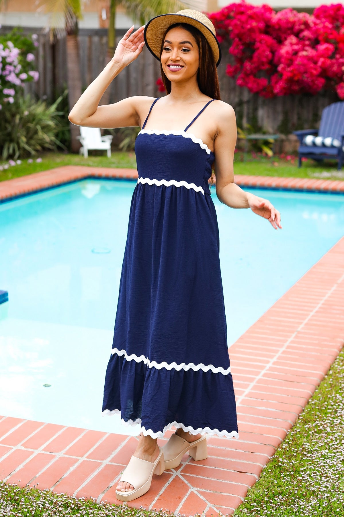 Bold & Sassy Navy Square Neck Ric Rac Trim Adjustable Straps Maxi