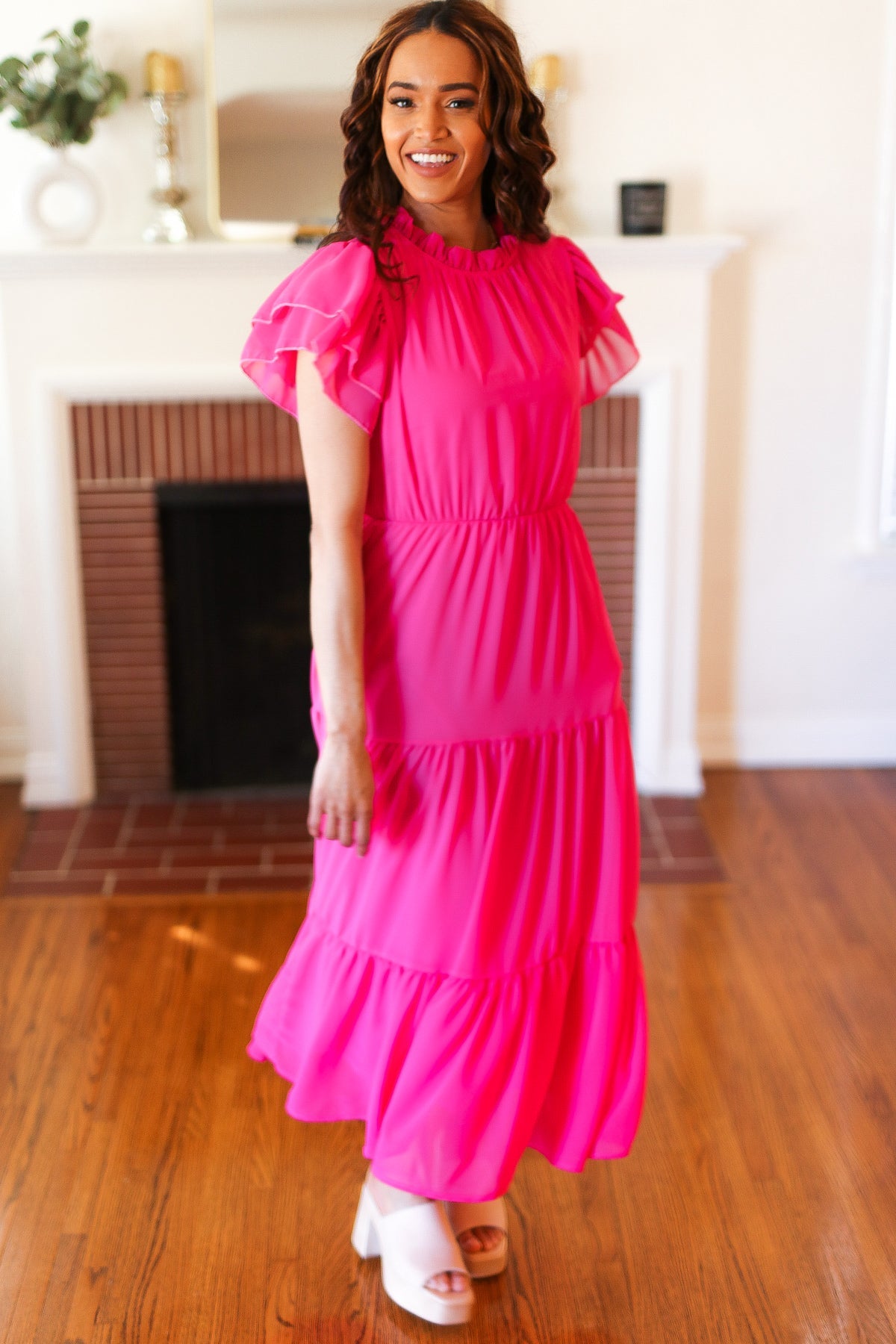 Perfectly You Hot Pink Mock Neck Tiered Chiffon Maxi Dress