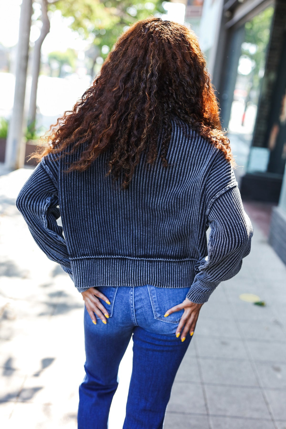 Looking Your Way Black Washed Rib Knit Cropped Sweater