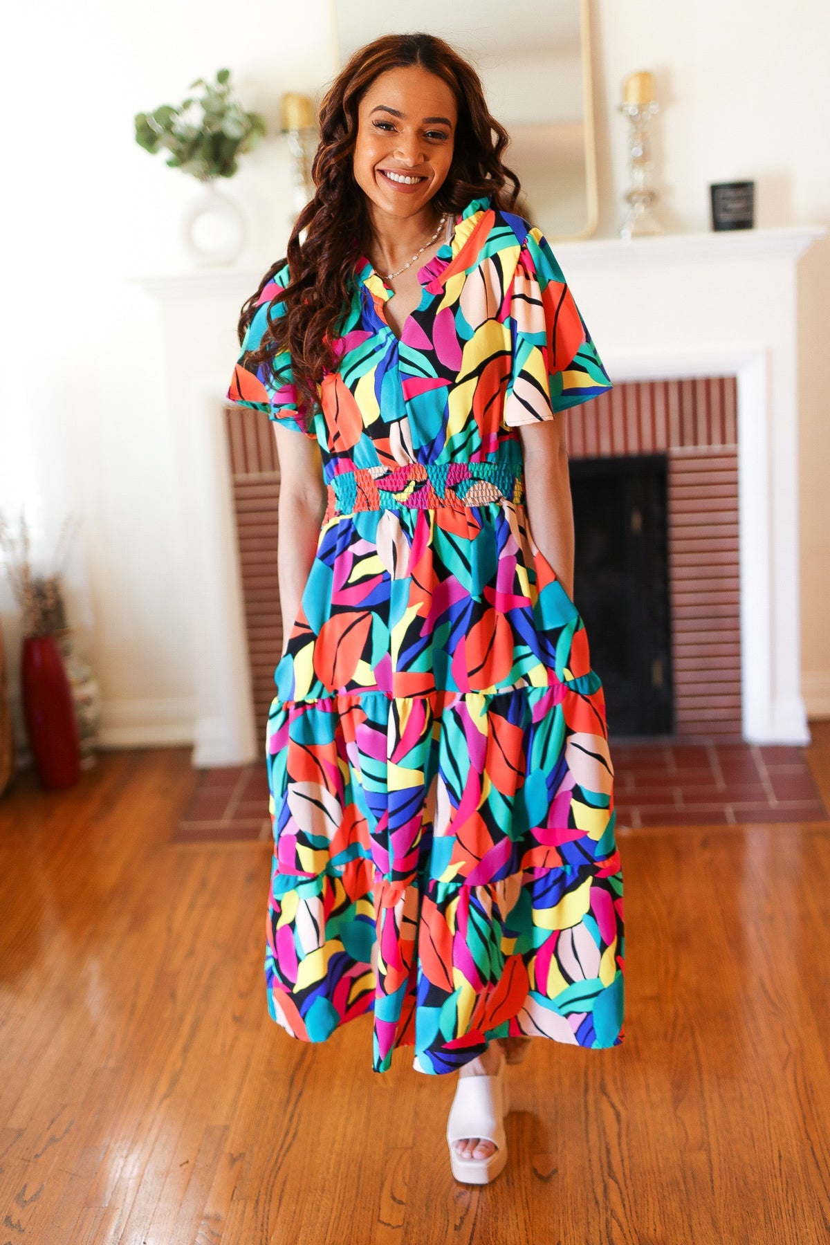 Be Bold Multicolor Abstract Tropical Print Smocked Waist Maxi Dress