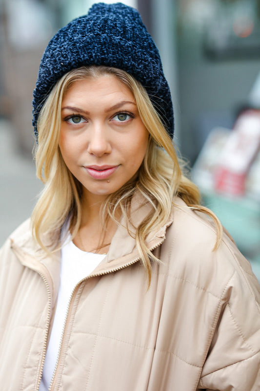 Navy Knit Velvet Chenille Fold Over Beanie