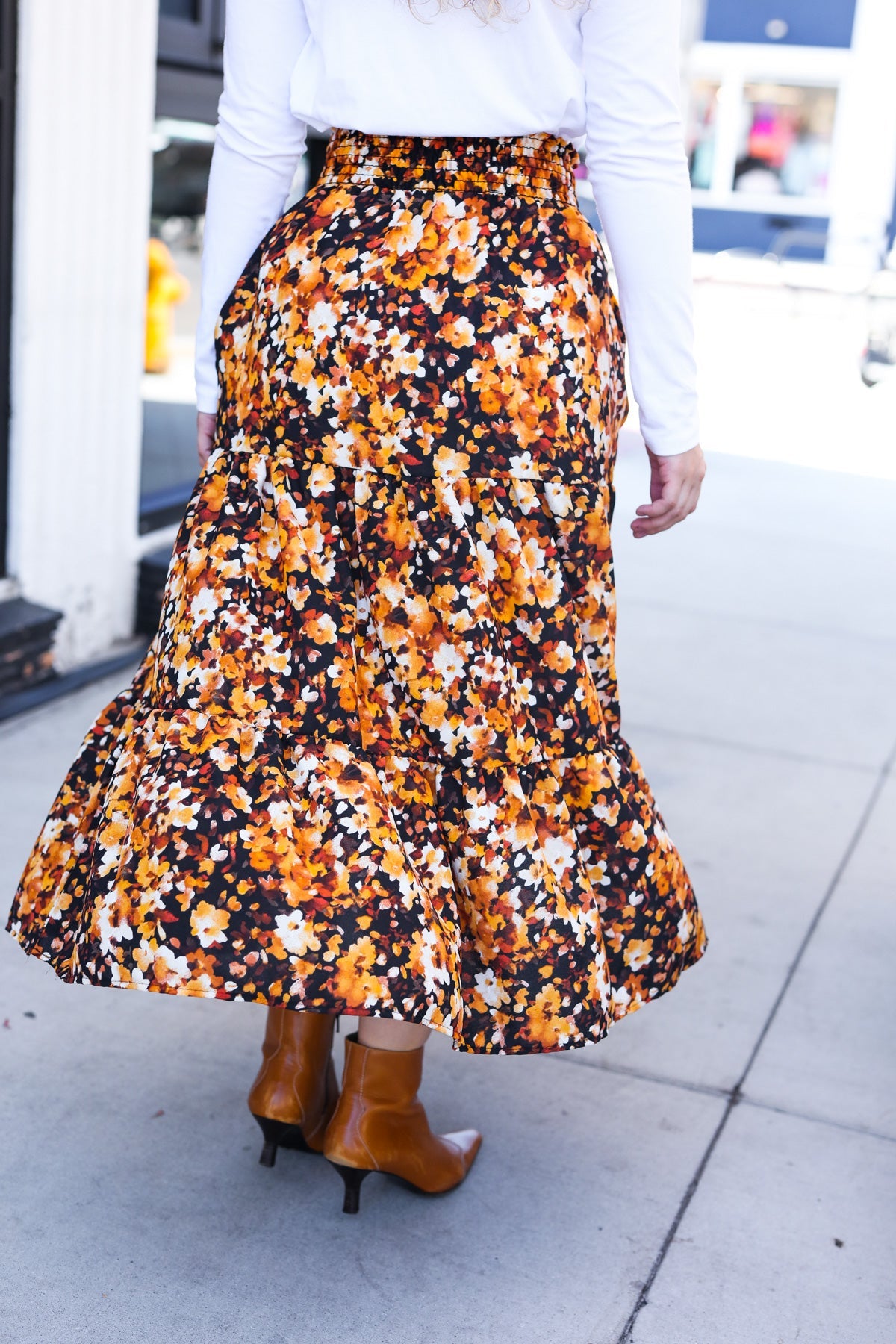 Casual Living Black Floral Tiered Smocked Waist Midi Skirt