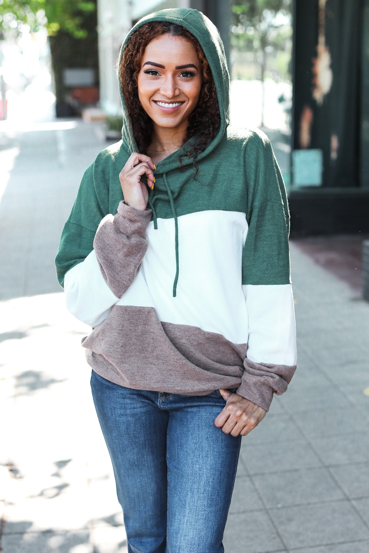 Feeling Joyful Olive & Ivory Color Block Hacci Knit Hoodie