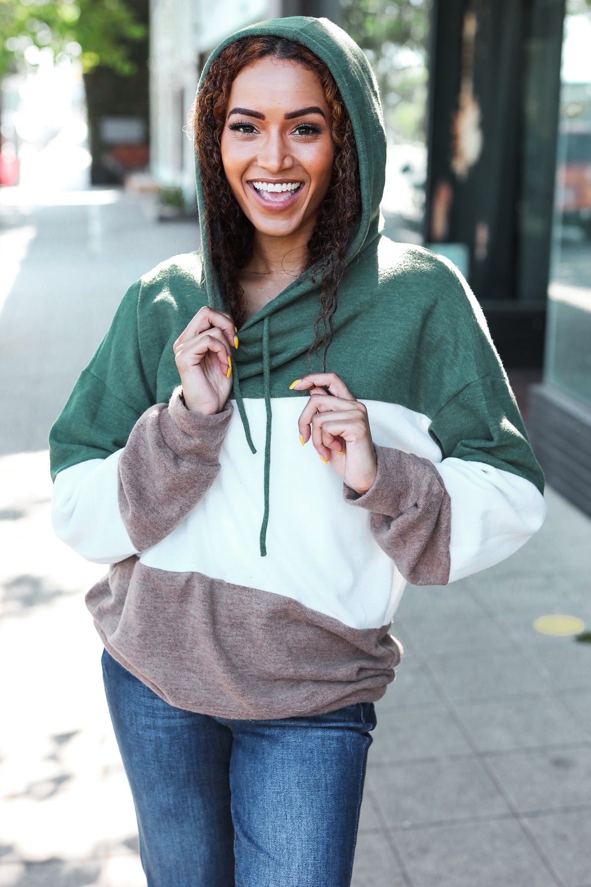 Feeling Joyful Olive & Ivory Color Block Hacci Knit Hoodie