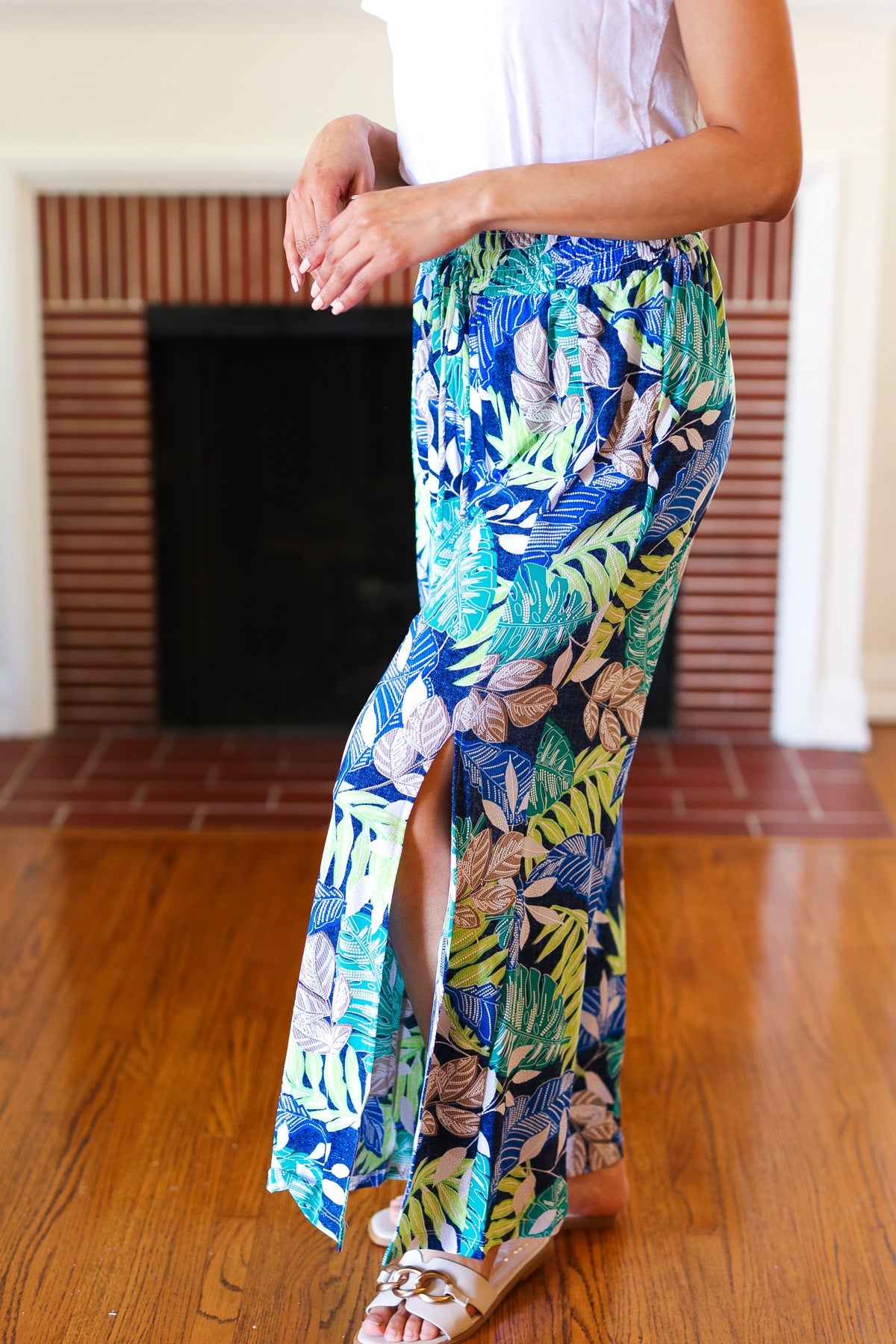 Tropical Boho Smocked Waist Side Slit Palazzo Pants