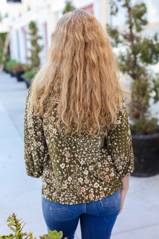 You Got This Olive Floral V Neck Bubble Sleeve Top