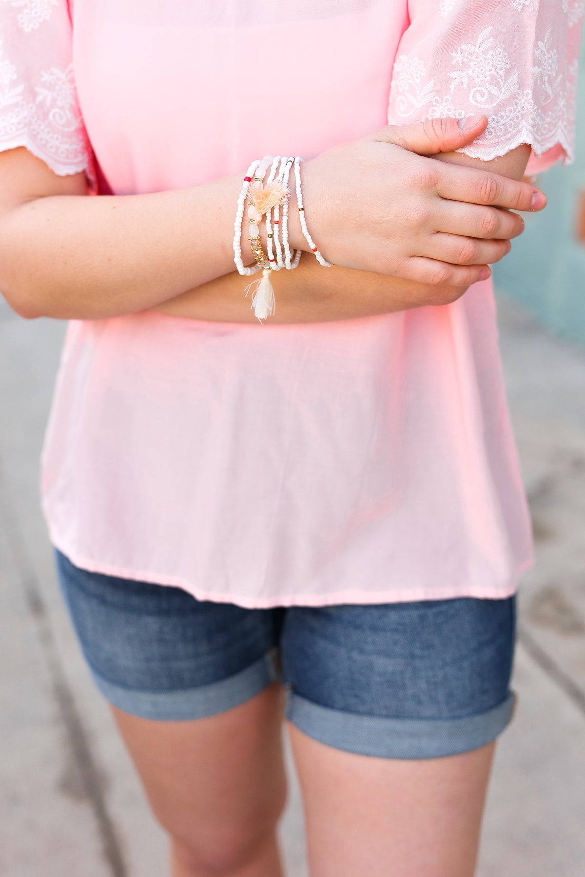 Cream & Blush Beaded Tassel Bracelet Set