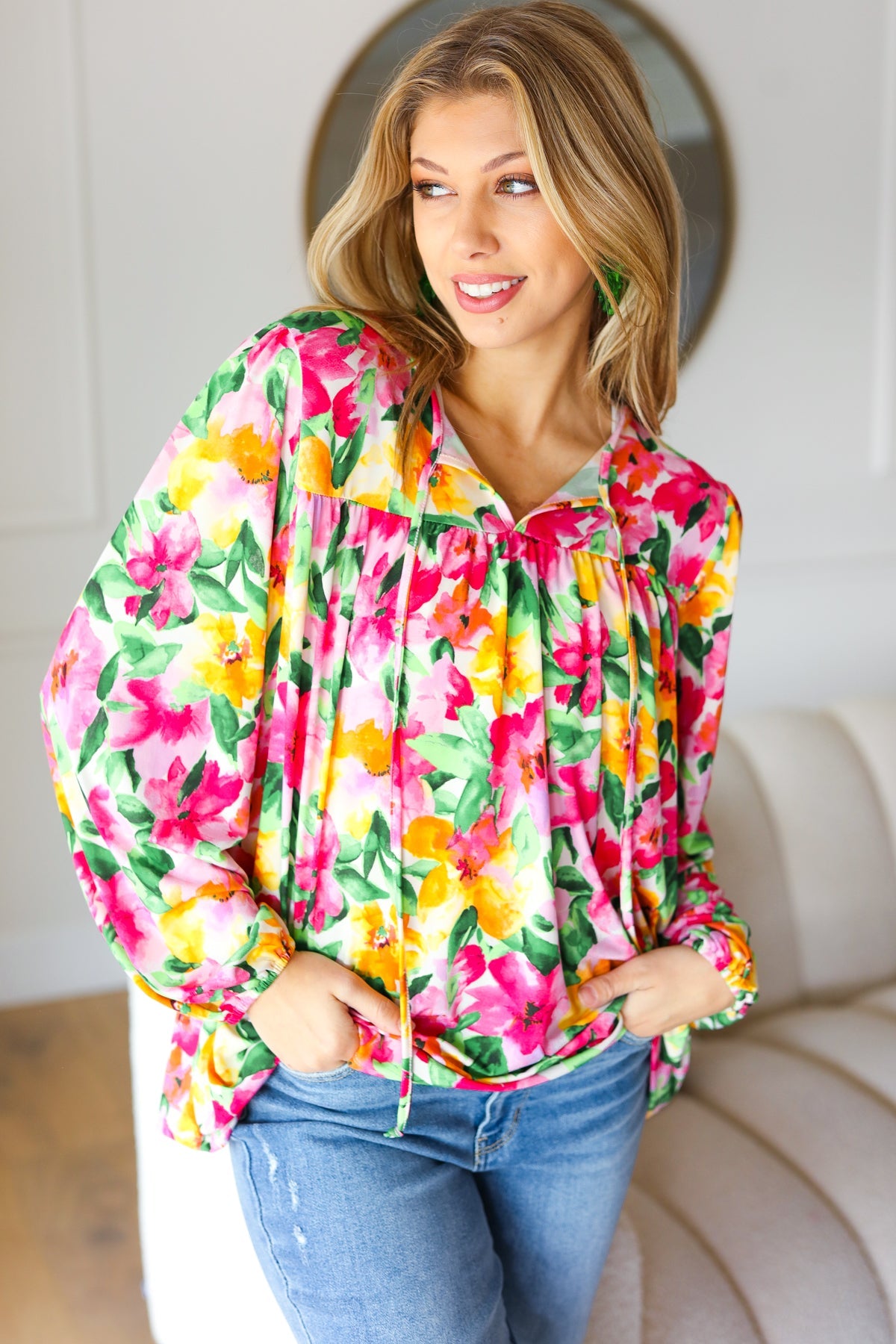 Pretty In Pink Watercolor Floral Yoke Tie Top