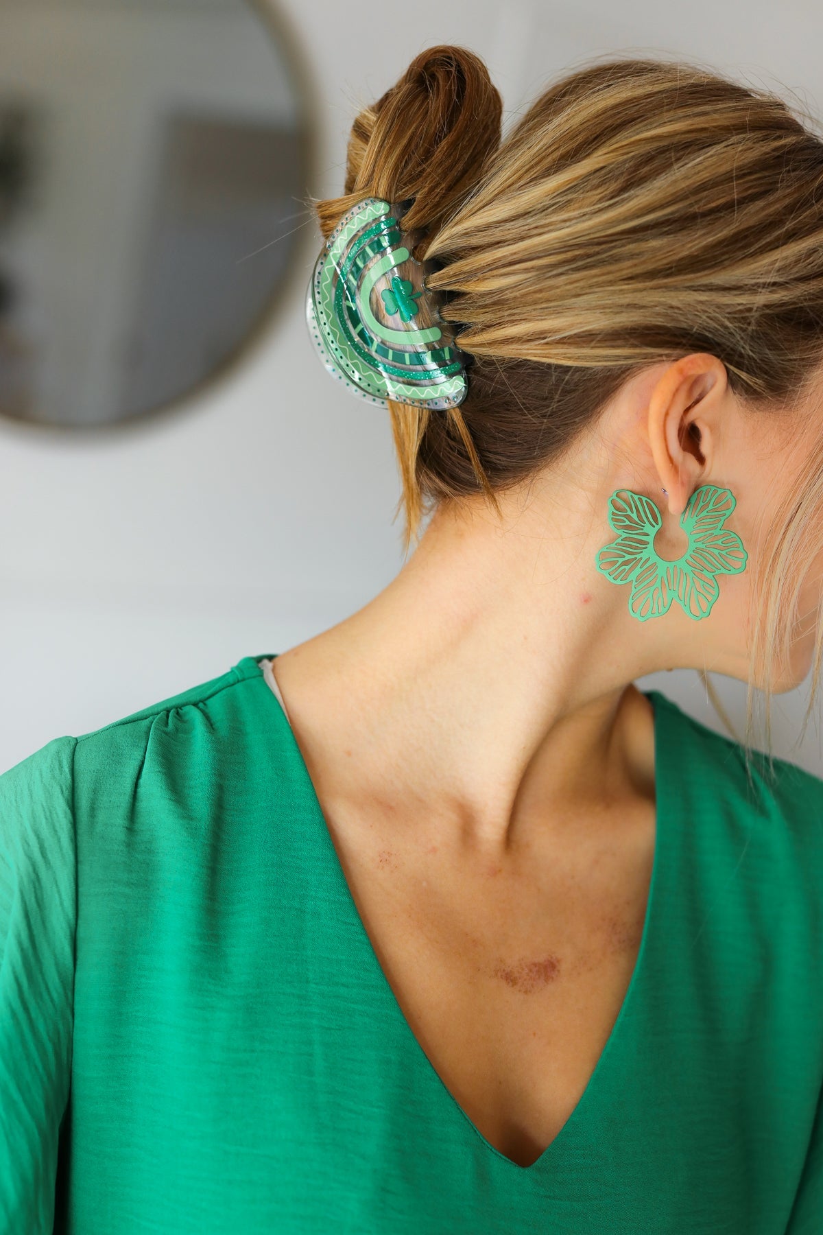 Green Vintage Metal Flower Power Earrings