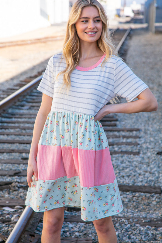 Floral and Stripe Color Block Fit and Flare Rib Dress