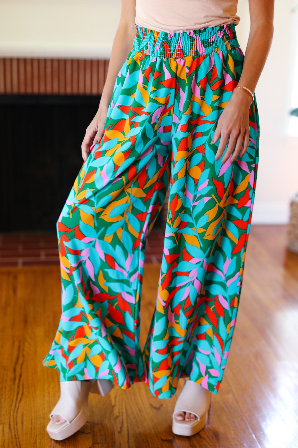 Summer Vibes Green & Orange Abstract Print Smocked Palazzo Pants