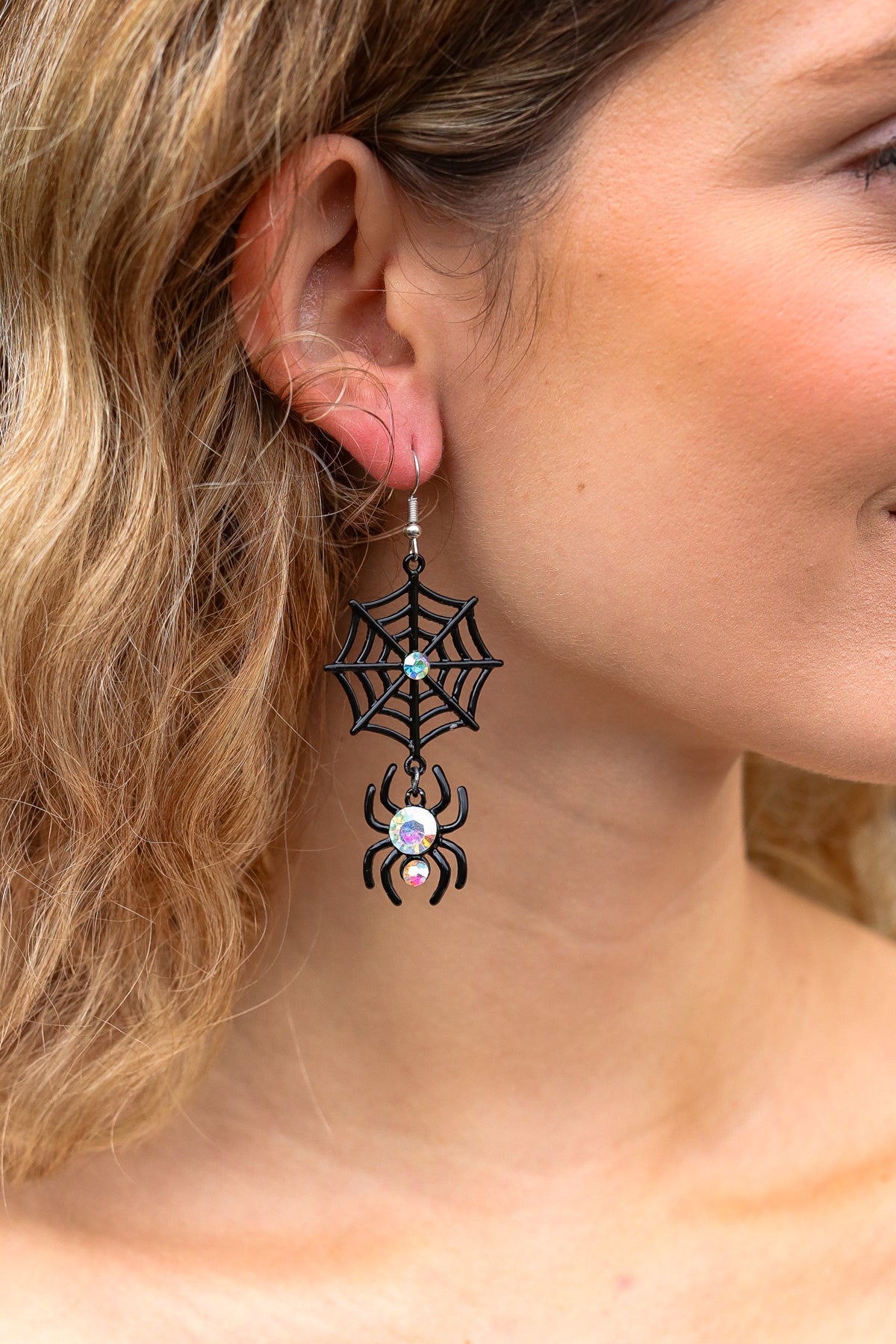 Black Spider & Web Jewel Dangle Earrings