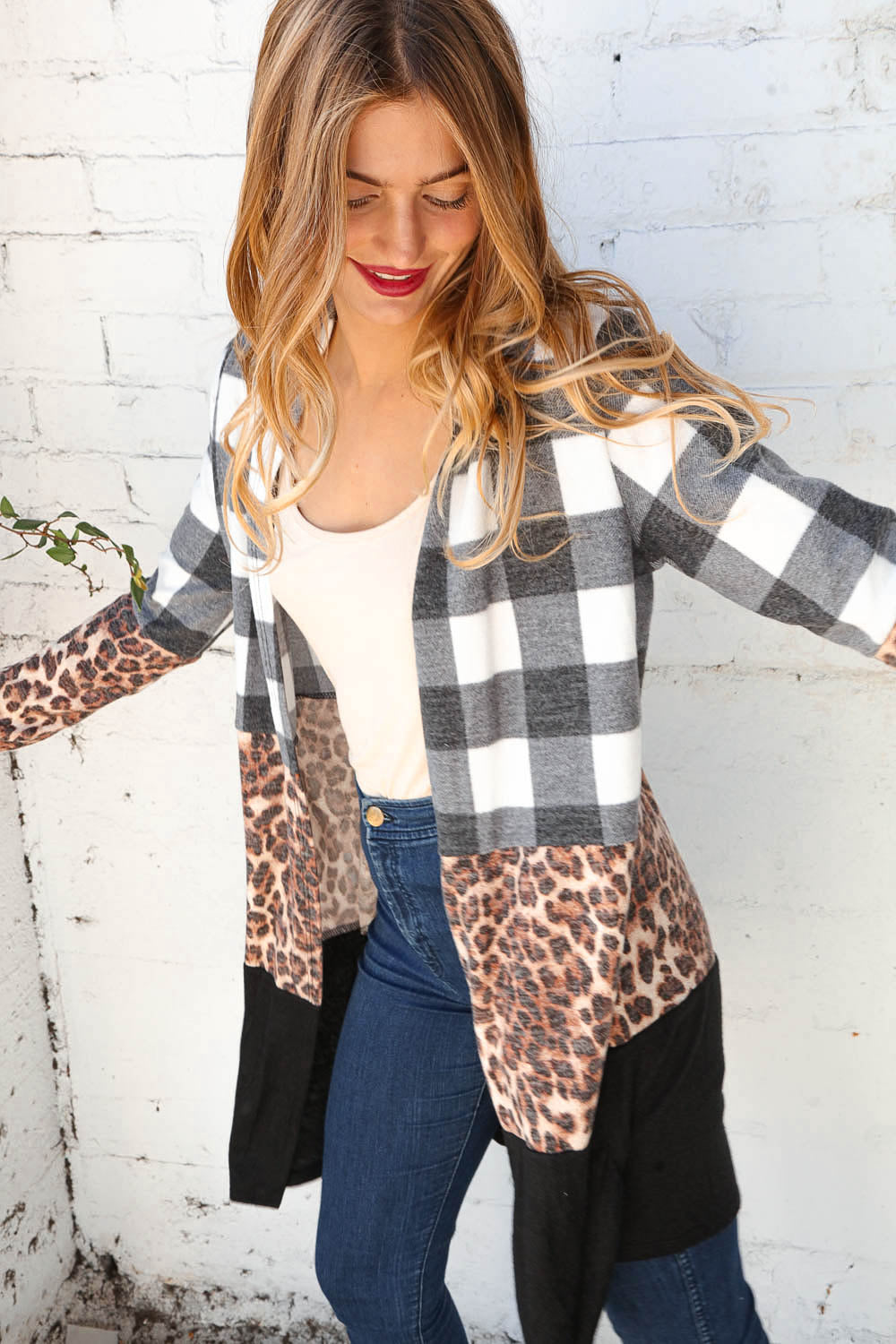 Brushed Hacci Plaid Leopard Color Block Cardigan