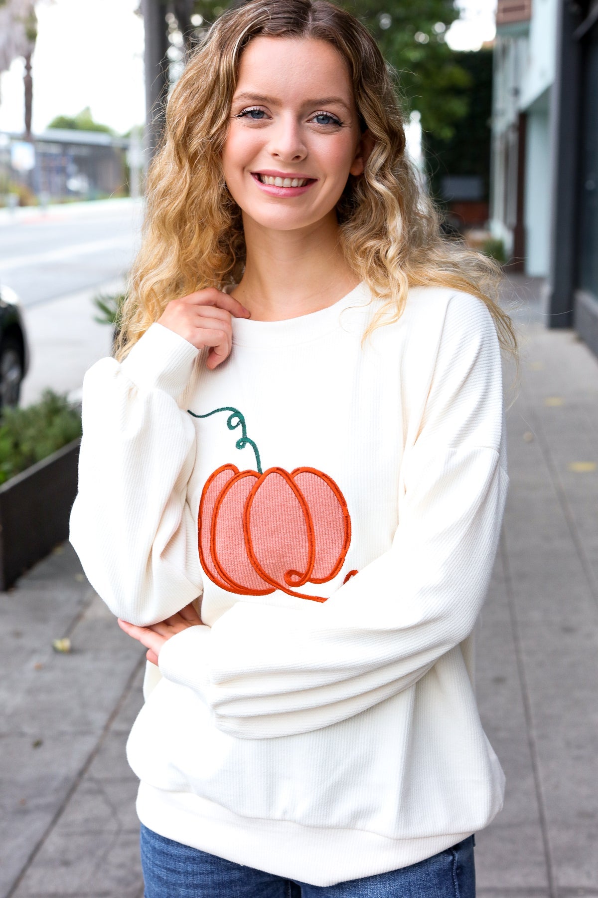 Halloween Lovely Ivory Embroidered Pumpkin Knit Sweater