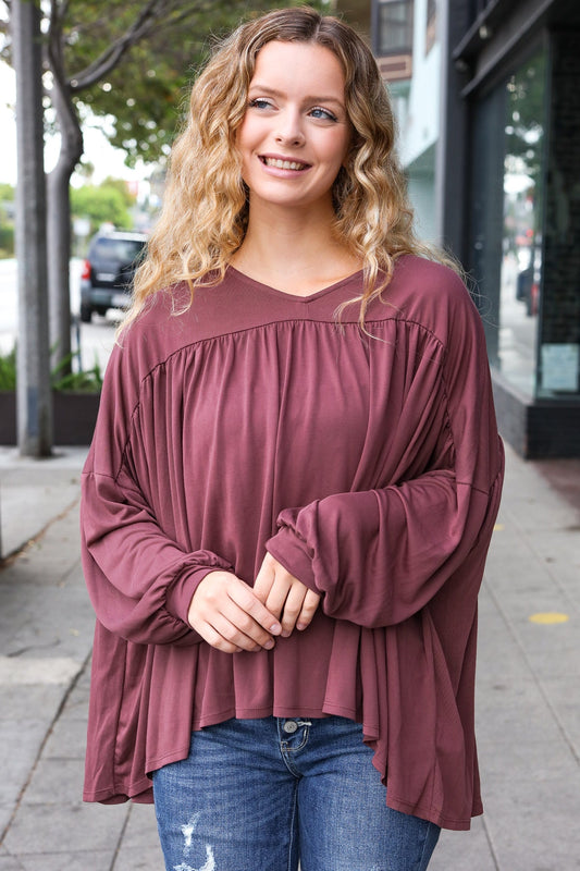 Casual Chic Wine V Neck Yoke Modal Knit Oversized Top