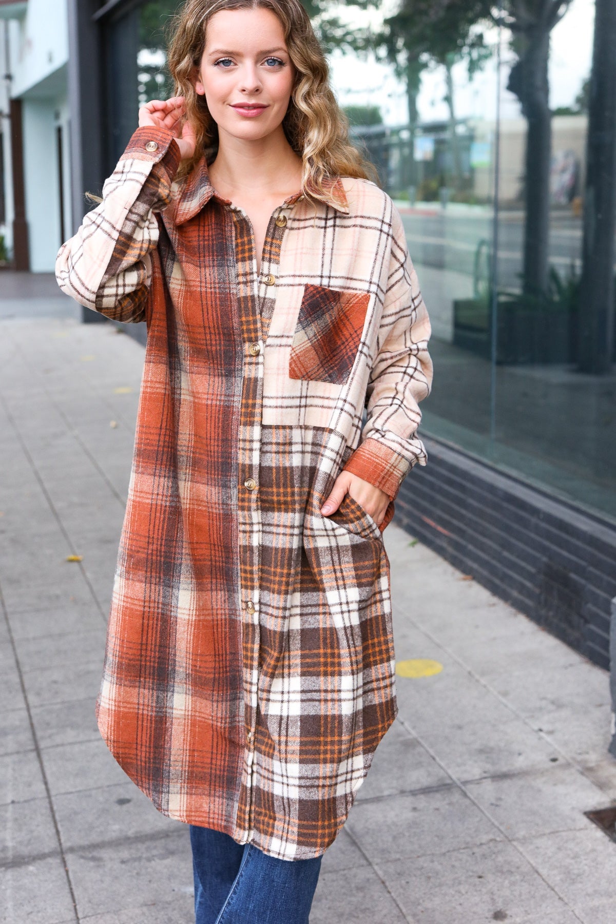 Stand Out Rust & Taupe Color Block Plaid Longline Shacket