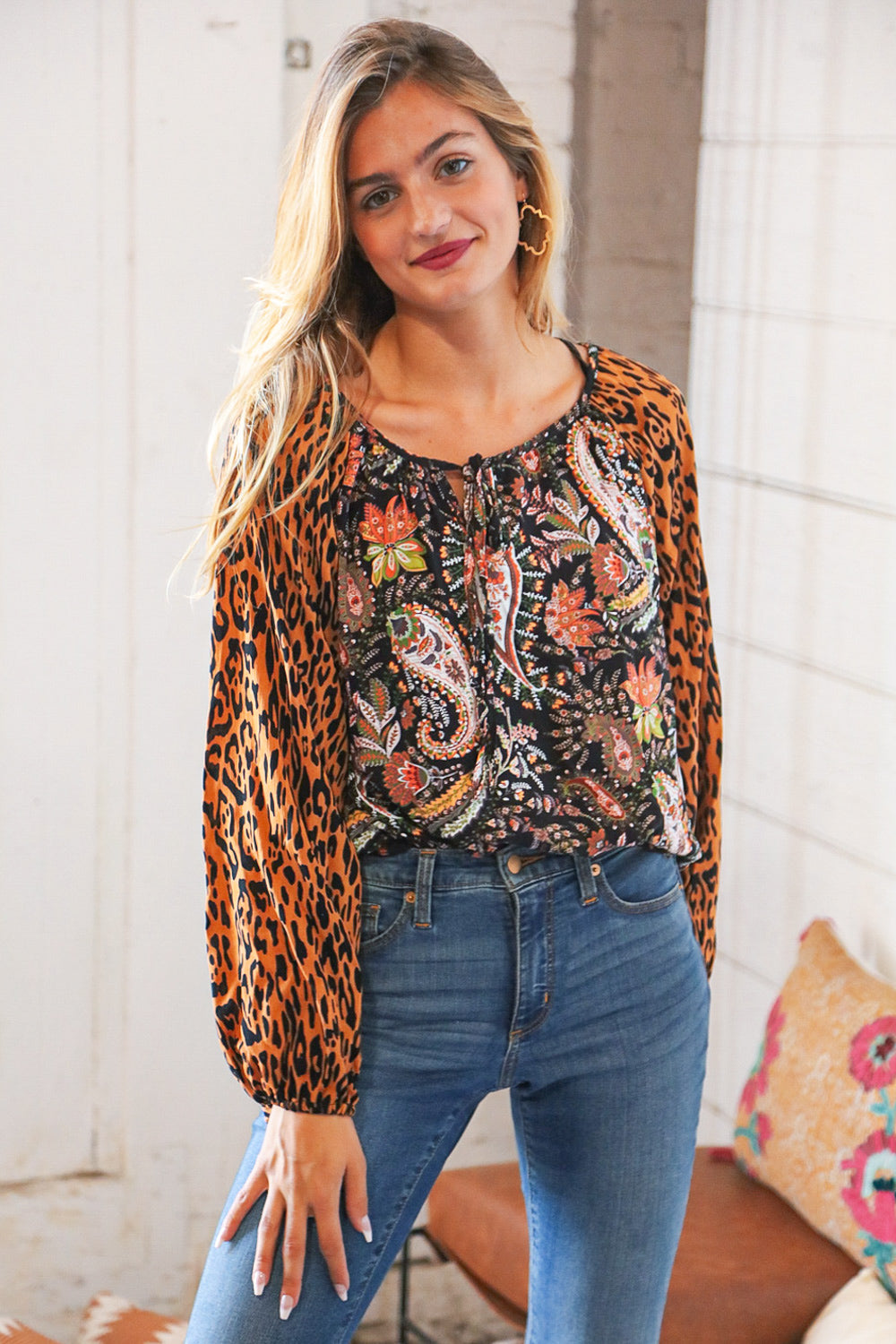 Boho Paisley Leopard Print Front Tie Woven Blouse