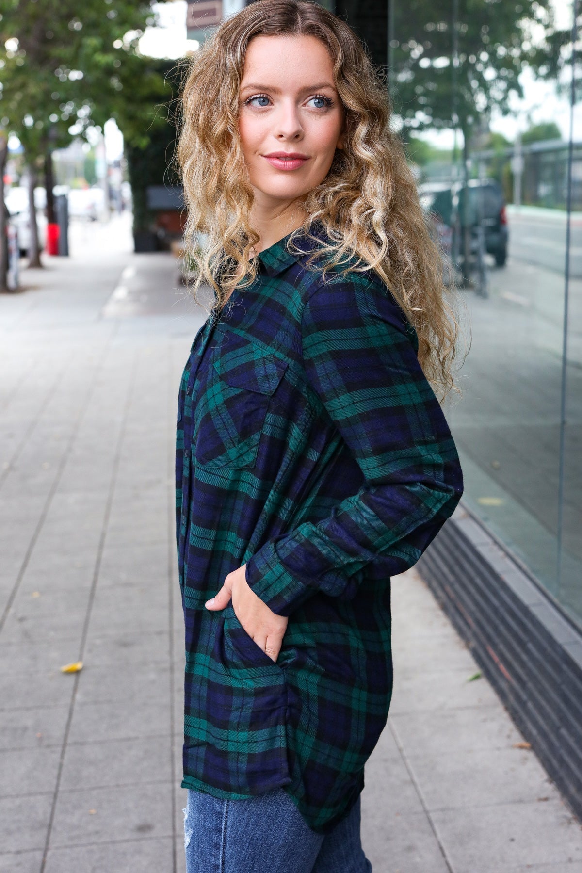 Make A Move Navy & Green Plaid Button Down Long Sleeve Top