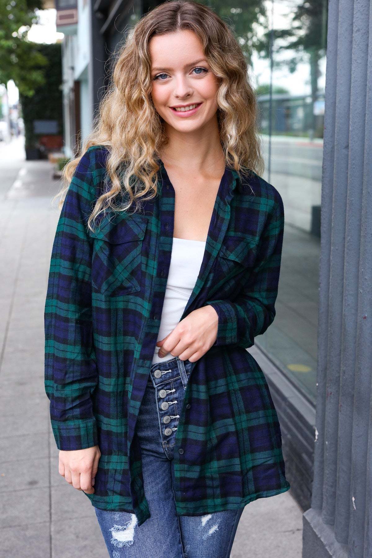 Make A Move Navy & Green Plaid Button Down Long Sleeve Top