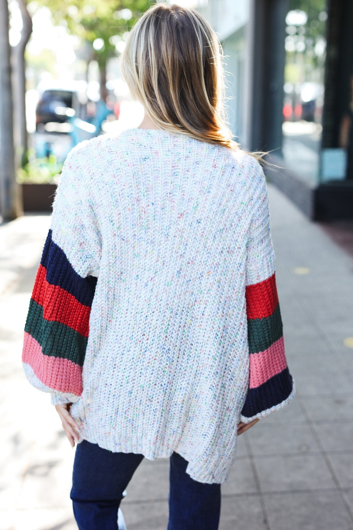 Weekend Ready Ivory Multicolor Mixed Thread Bubble Sleeve Cardigan