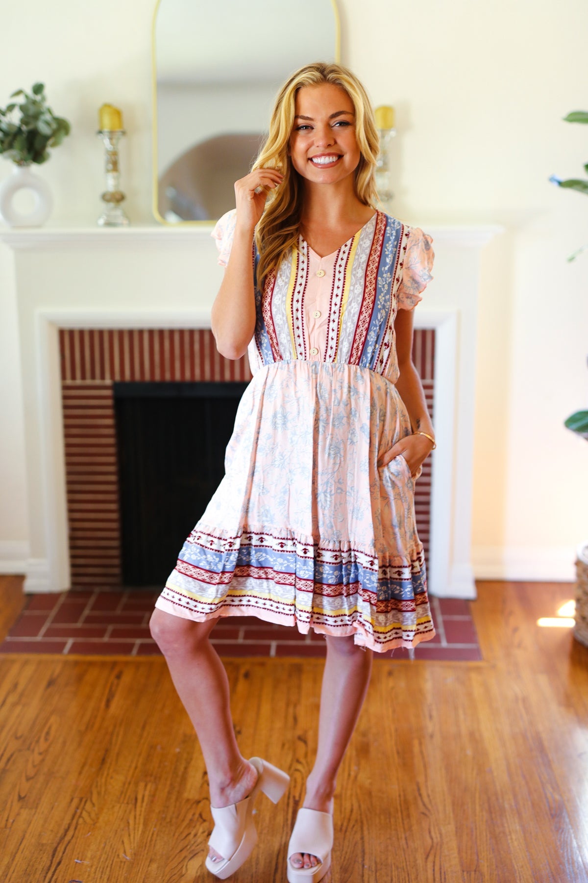 Peach Boho Floral Button Detail V Neck Ruffle Dress