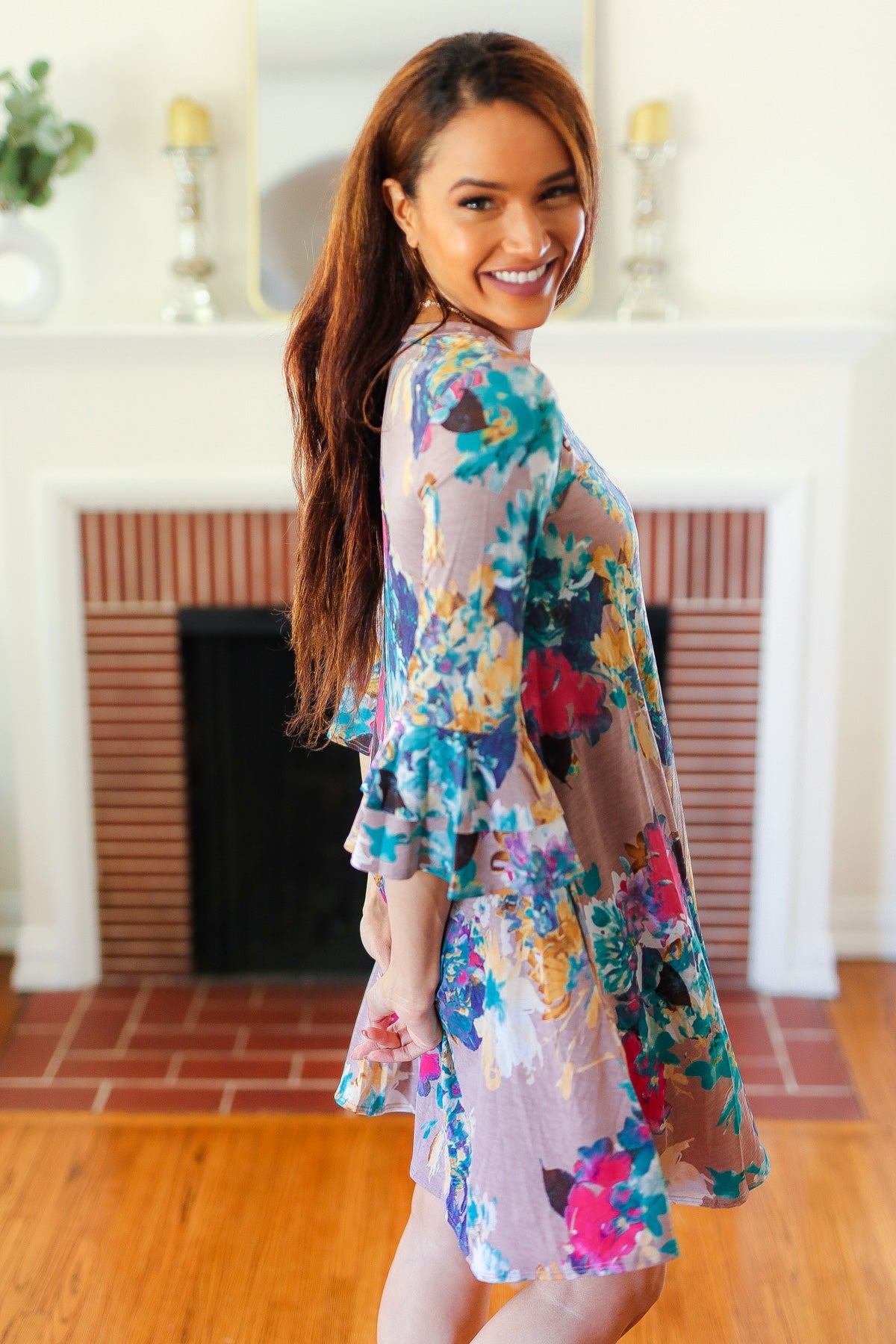 Spread Joy Teal & Fuchsia Watercolor Floral Ruffle Sleeve Dress