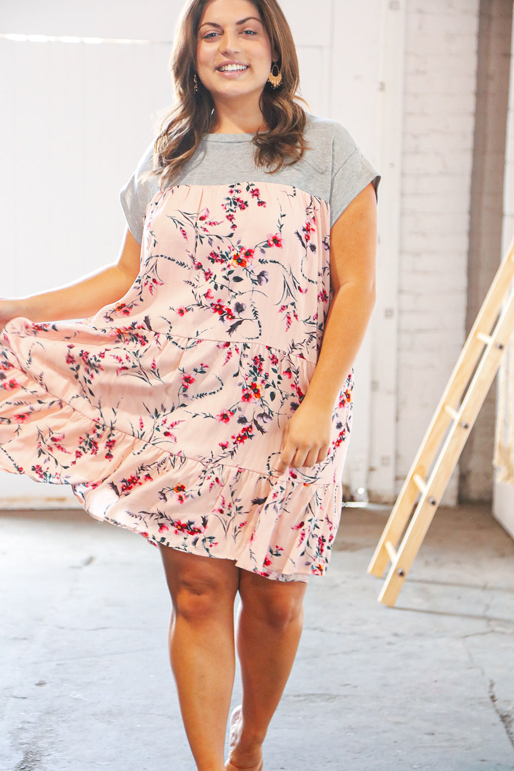 Blush Floral Crinkle Rayon & Terry Babydoll Tiered Dress