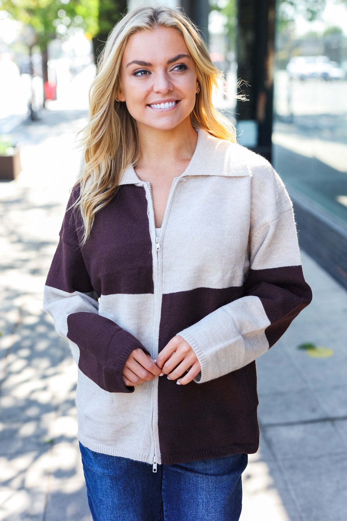 Cozy Up Brown Color Block Collared Zip Up Sweater