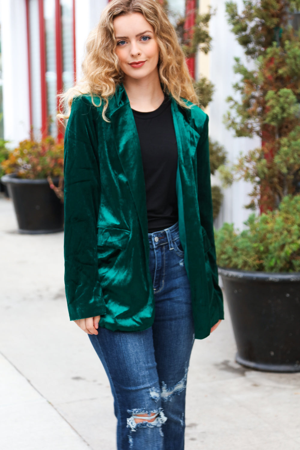 Dazzling Hunter Green Velvet Lapel Blazer