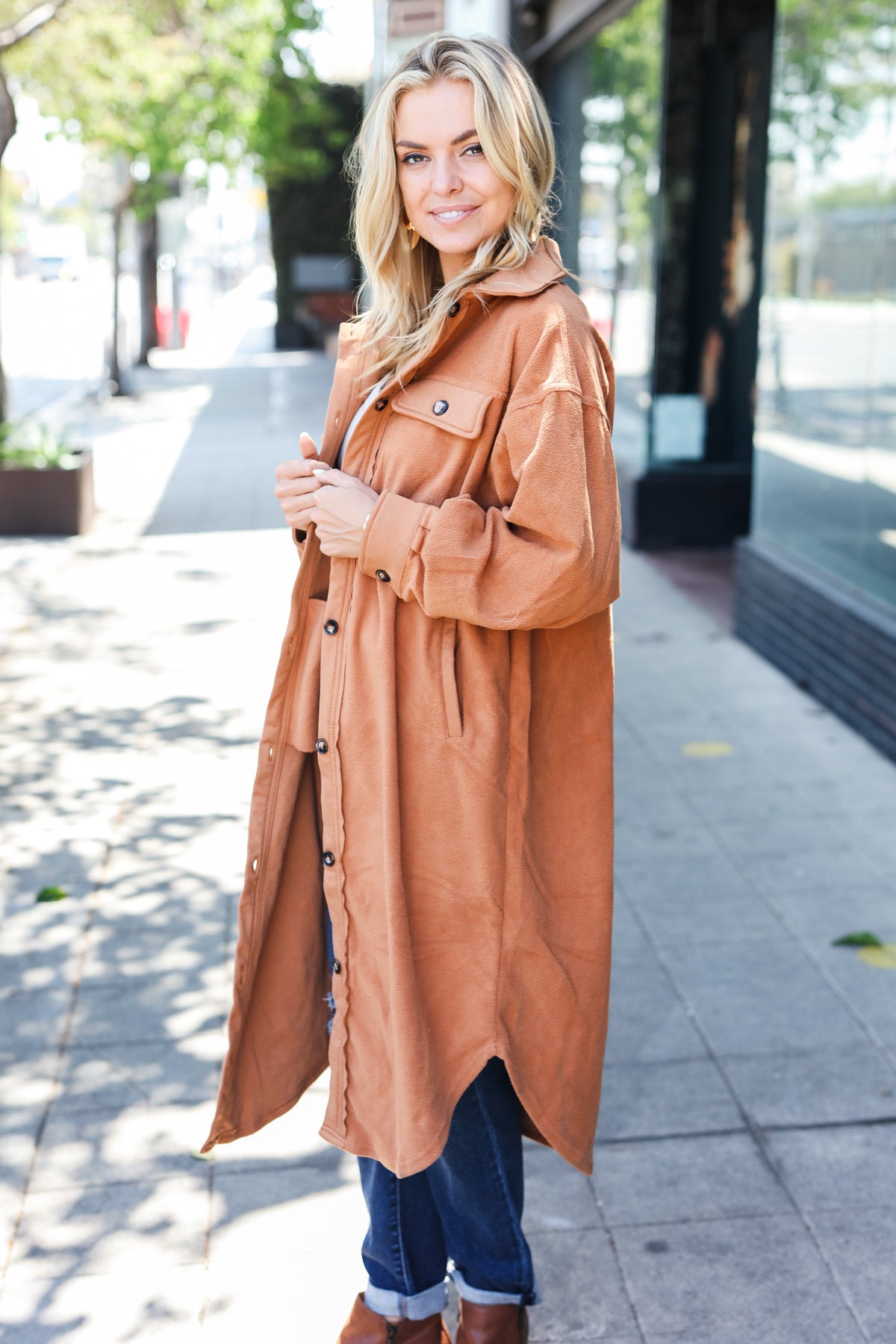 Turn Heads Camel Fleece Button Down Duster Jacket