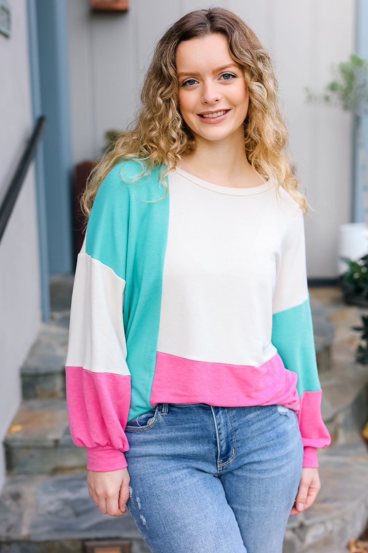 The Slouchy Mint & Pink Drop Shoulder Terry Color Block Top