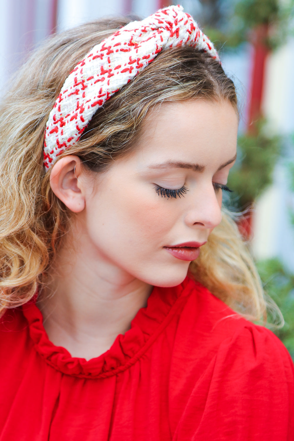 Cream Gold & Red Knit Top Knot Headband