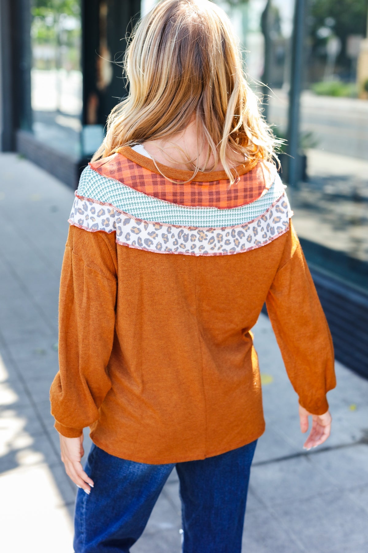 Stand Out Rust Plaid & Leopard Color Block Hacci Pullover