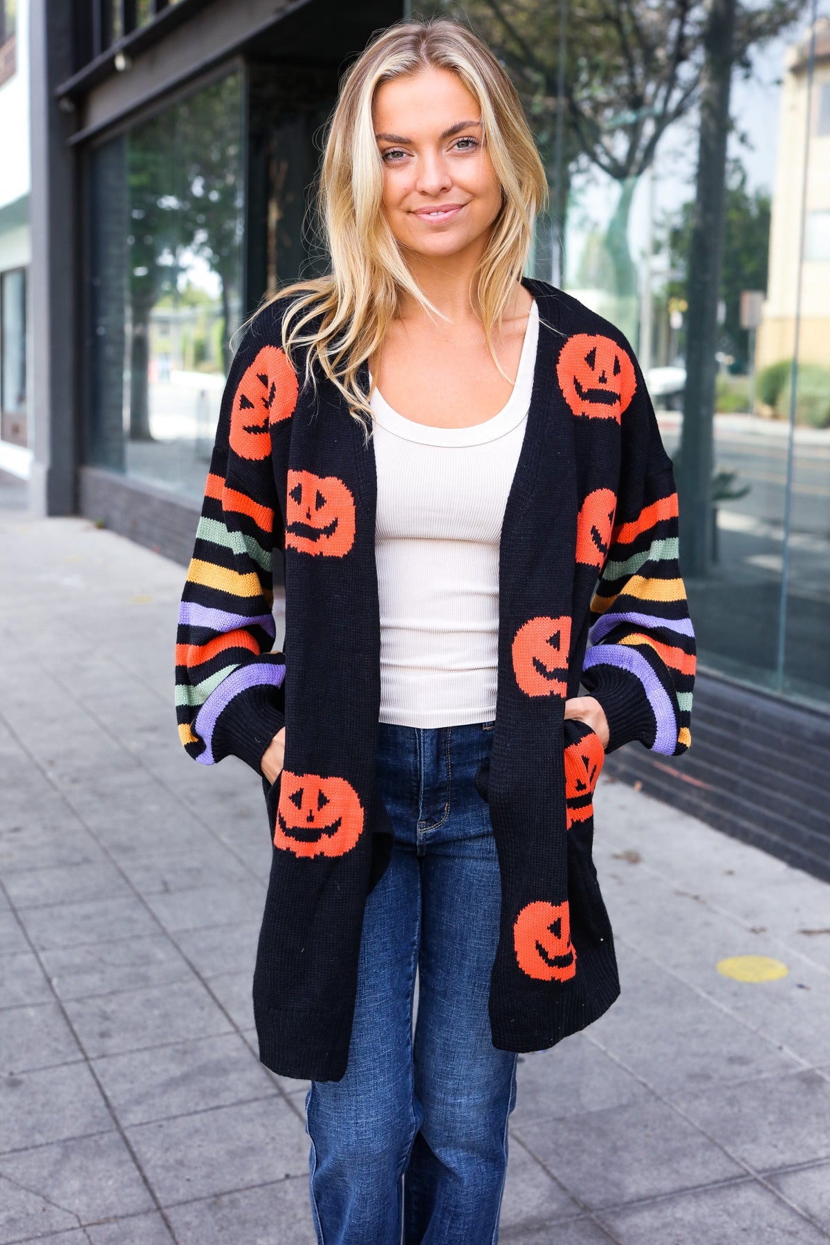 Pumpkin Multicolor Stripe Jacquard Knit Open Cardigan