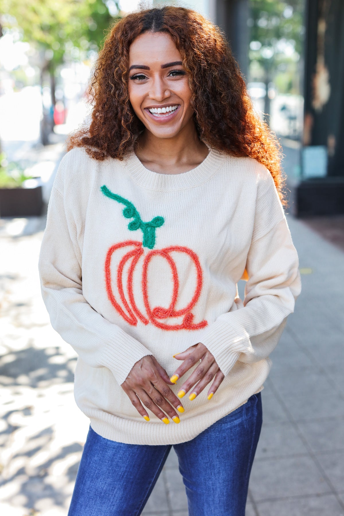 Pumpkin Spice Metallic Yarn Embroidered Oversized Sweater