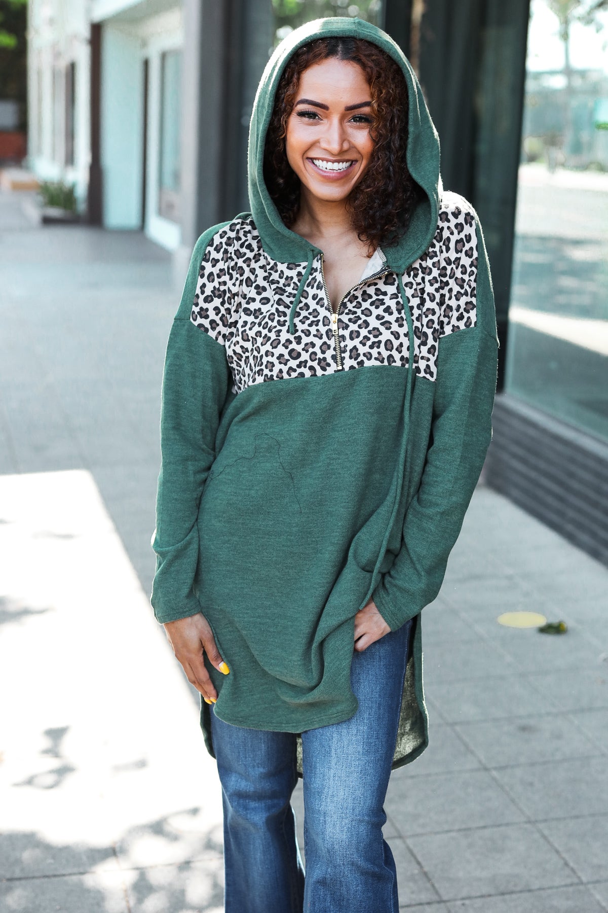 Diva Dreams Olive Leopard Print Half Zip Longline Hoodie