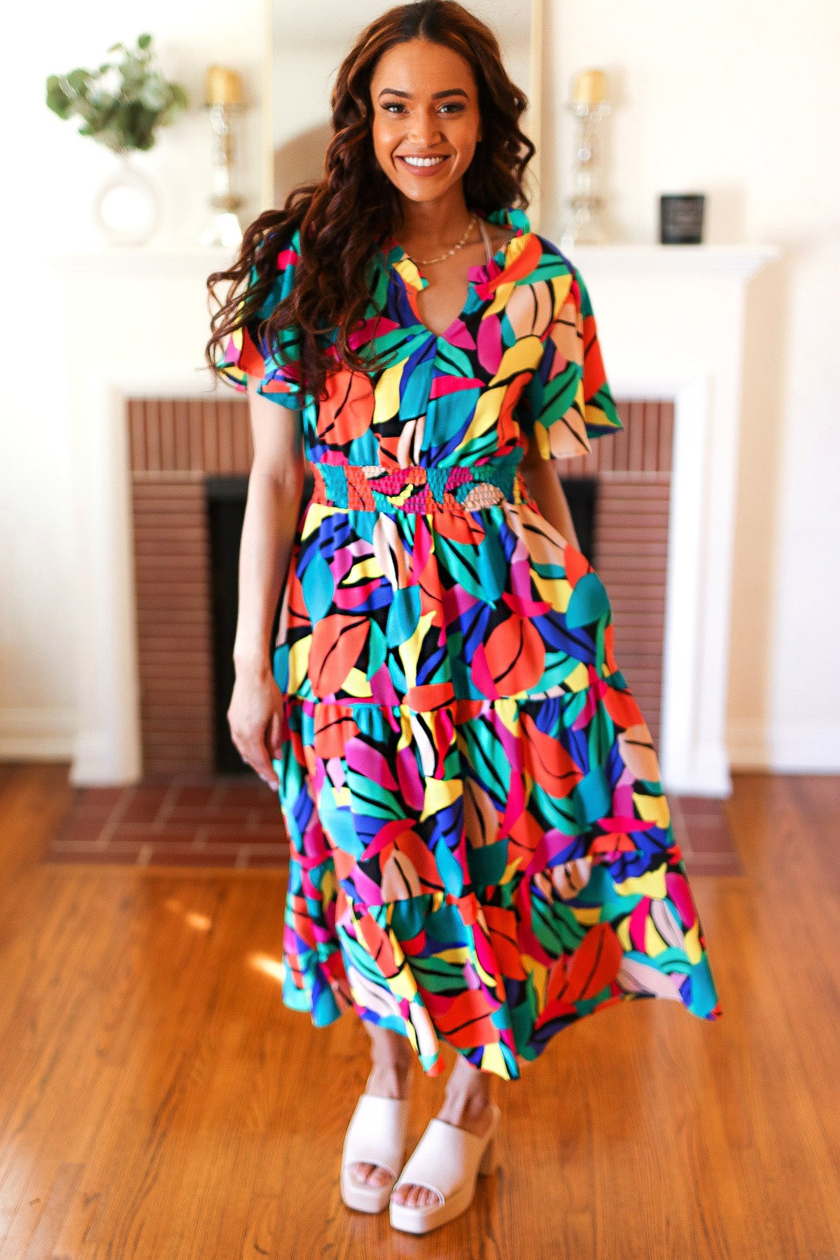 Be Bold Multicolor Abstract Tropical Print Smocked Waist Maxi Dress