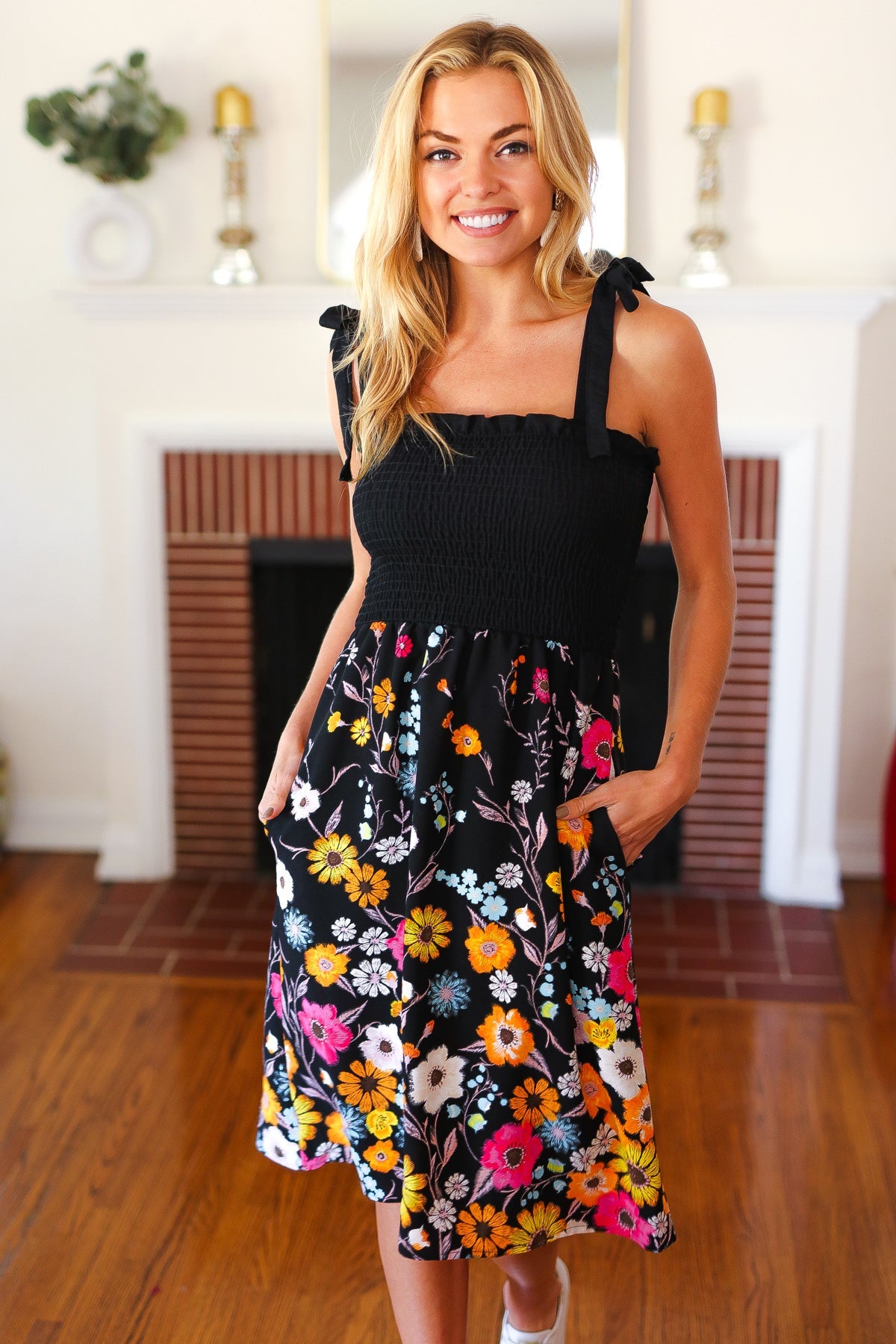 Give Your All Black Smocked Shoulder Tie Floral Print Dress