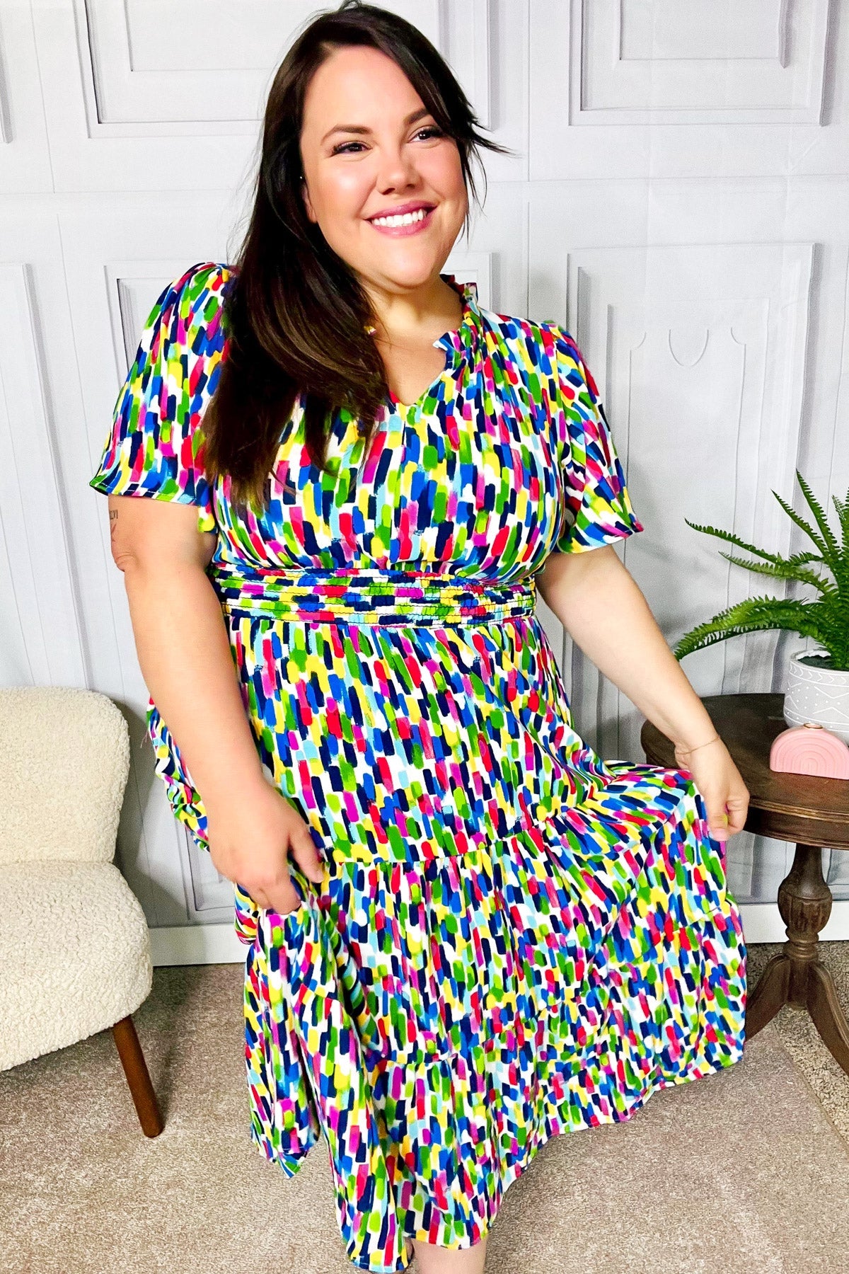 All For You Navy Multicolor Abstract Print Smocked Waist Maxi Dress