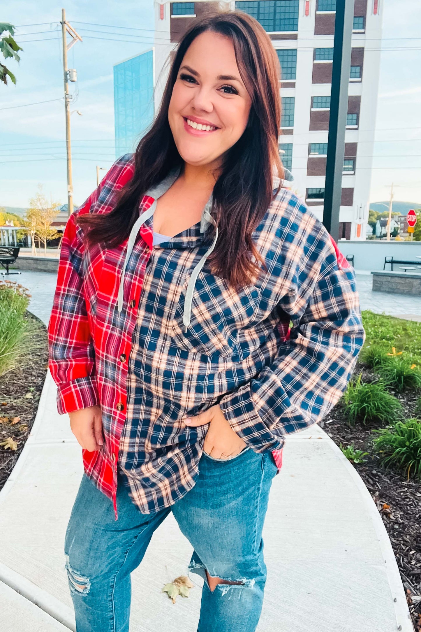 Main Attraction Red & Navy Plaid Color Block Button Down Hoodie