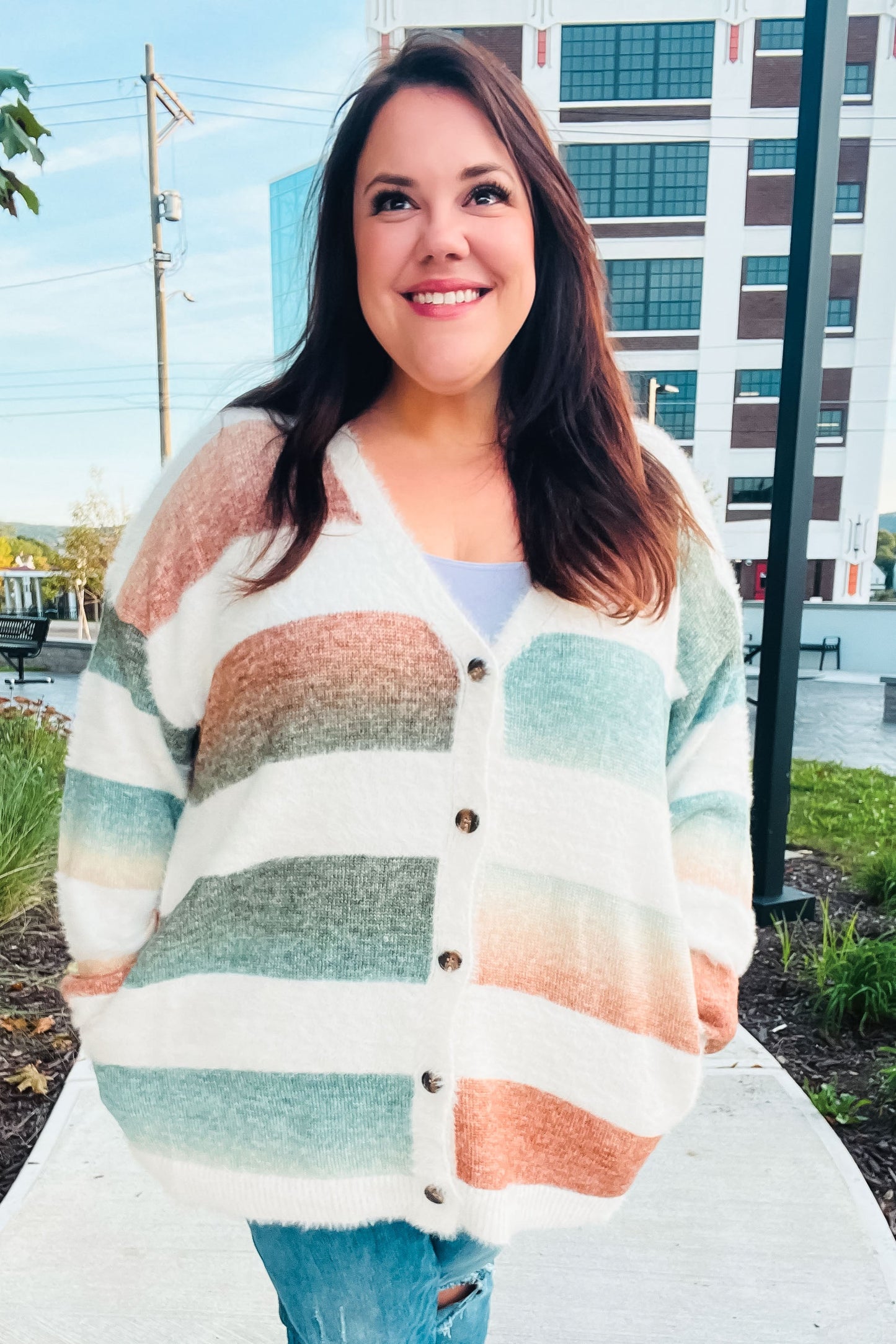 Ivory Striped Button Down Fuzzy Knit Cardigan