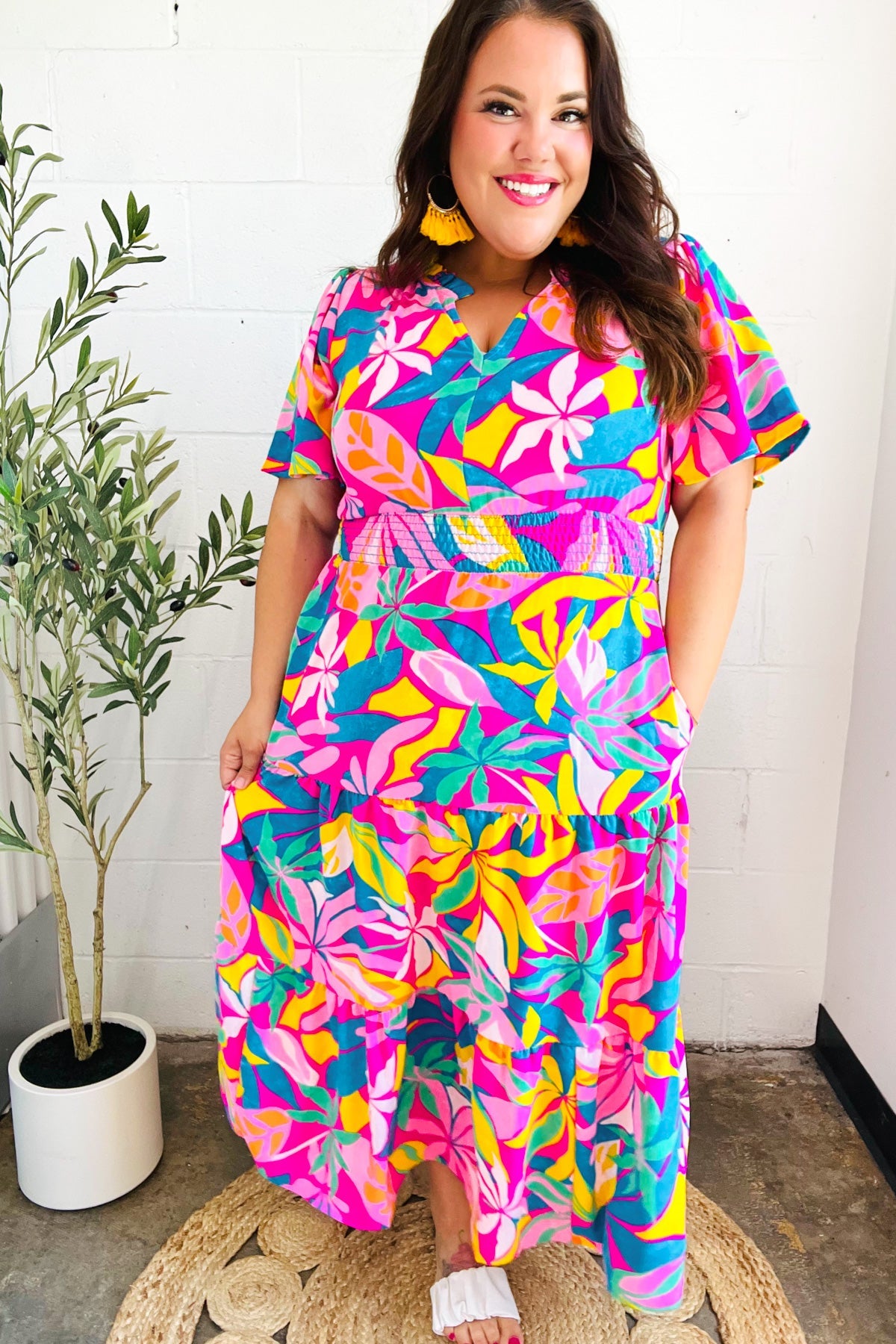 Tropical Trance Fuchsia Floral Smocked Waist Maxi Dress