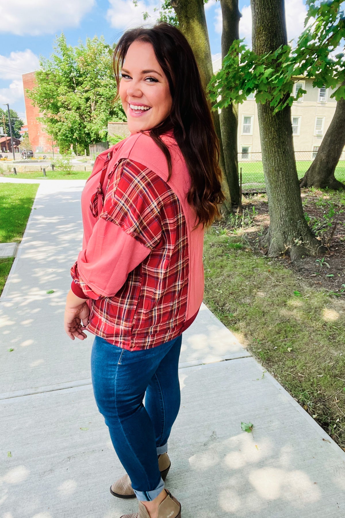 Adorable in Marsala Plaid Color Block Zipper French Terry Hoodie