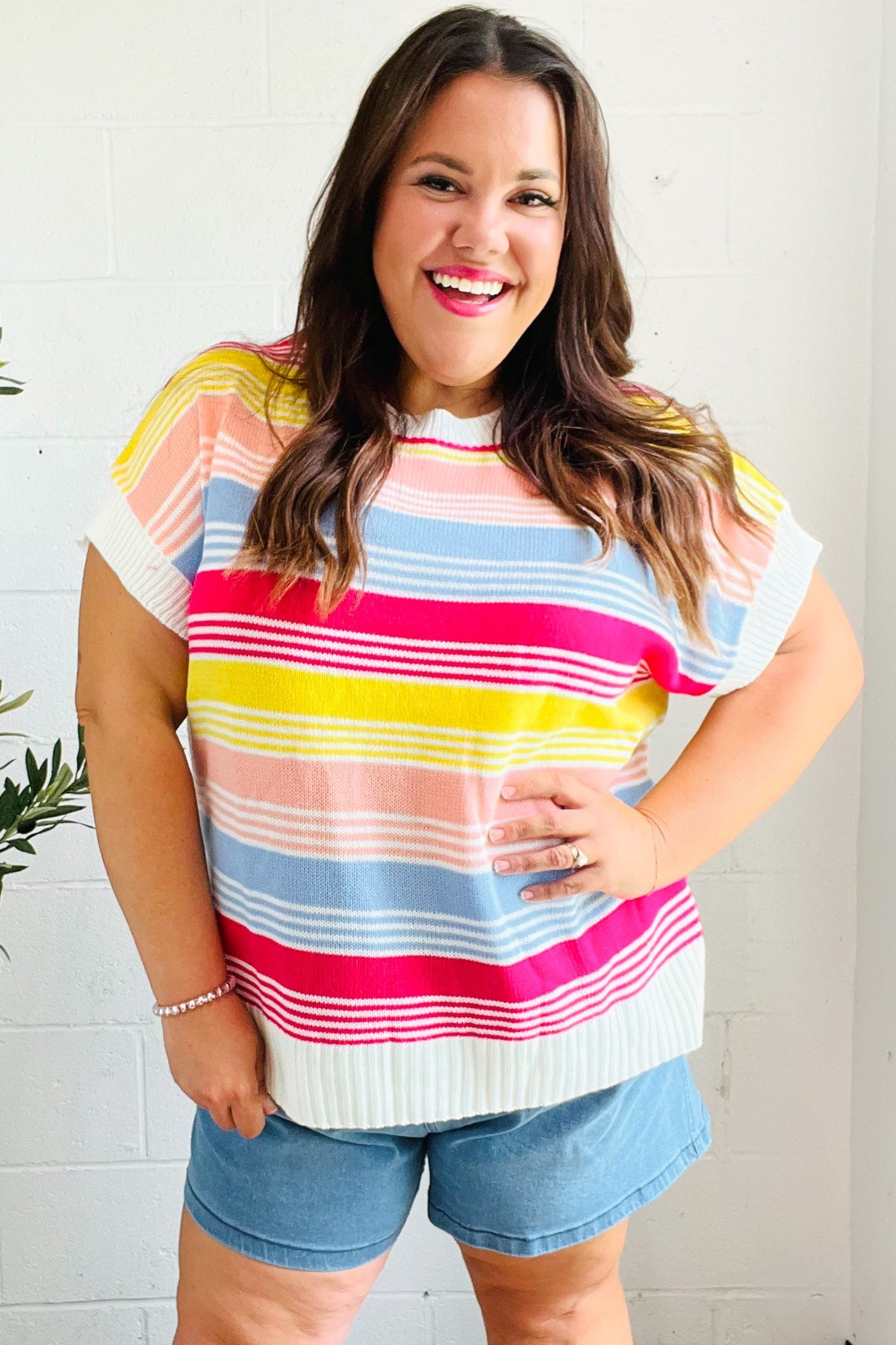 Feeling Playful Blue & Fuchsia Striped Short Dolman Sleeve Knit Top